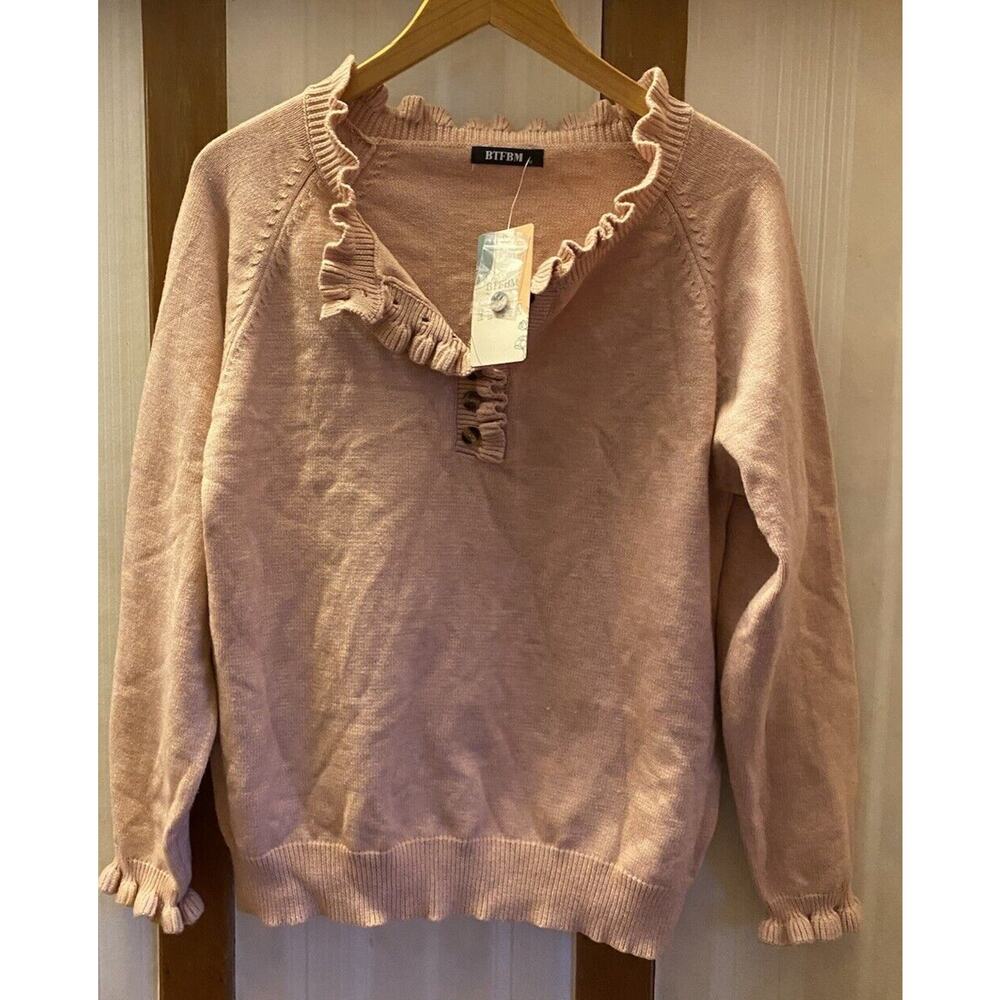BTFBM Womens Medium Sweater Pullover Top Pink Knit Ruffle Trim 1/2 Button Soft